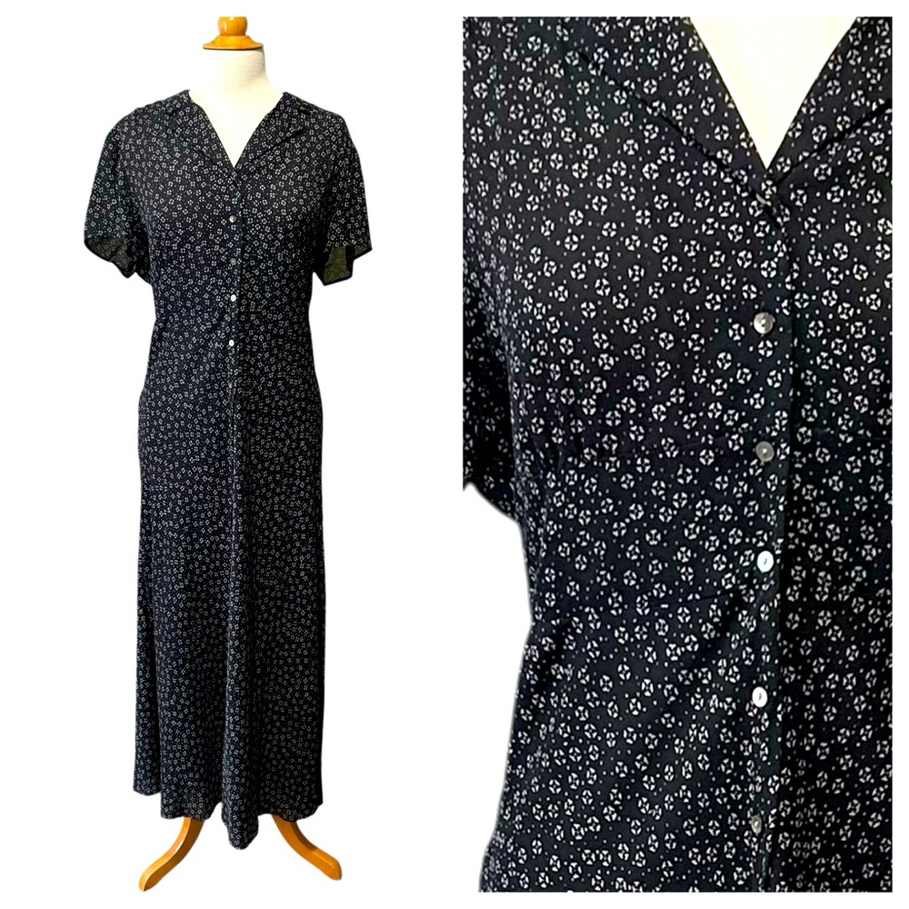Vintage Black & White Silk Grunge 1990s Floral Button Front Maxi Dress - Size 16